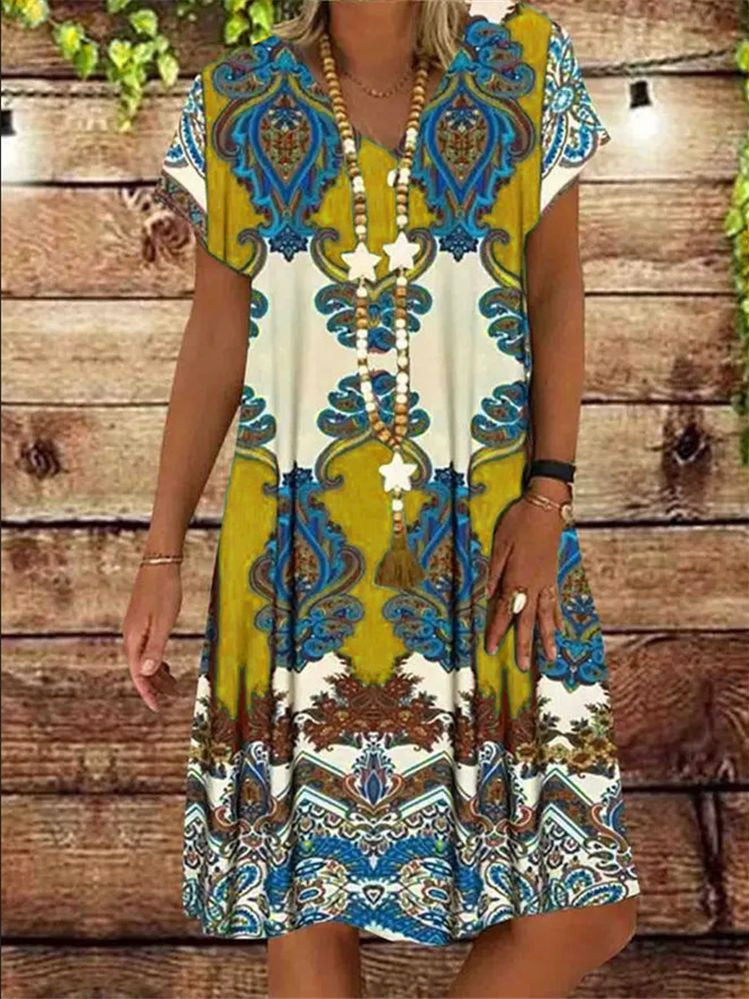 Summer Women V-neck Print Vintage Short Sleeve Party Dress