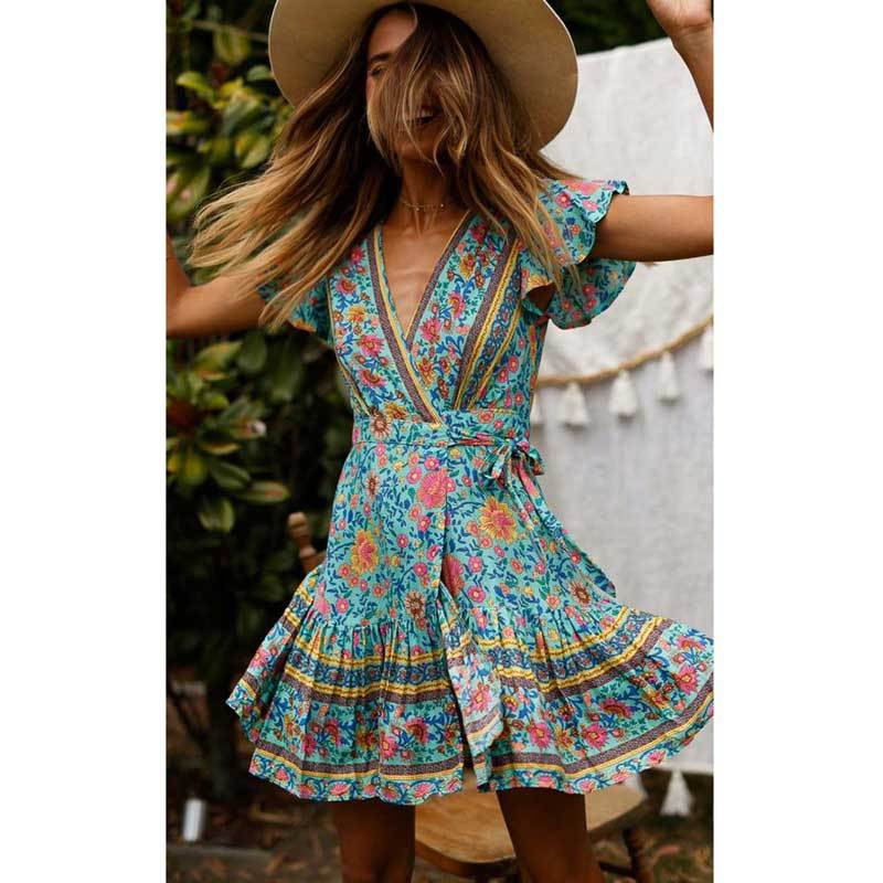 Boho V-neck Turquoise Floral Print Ruffles Mini Dress