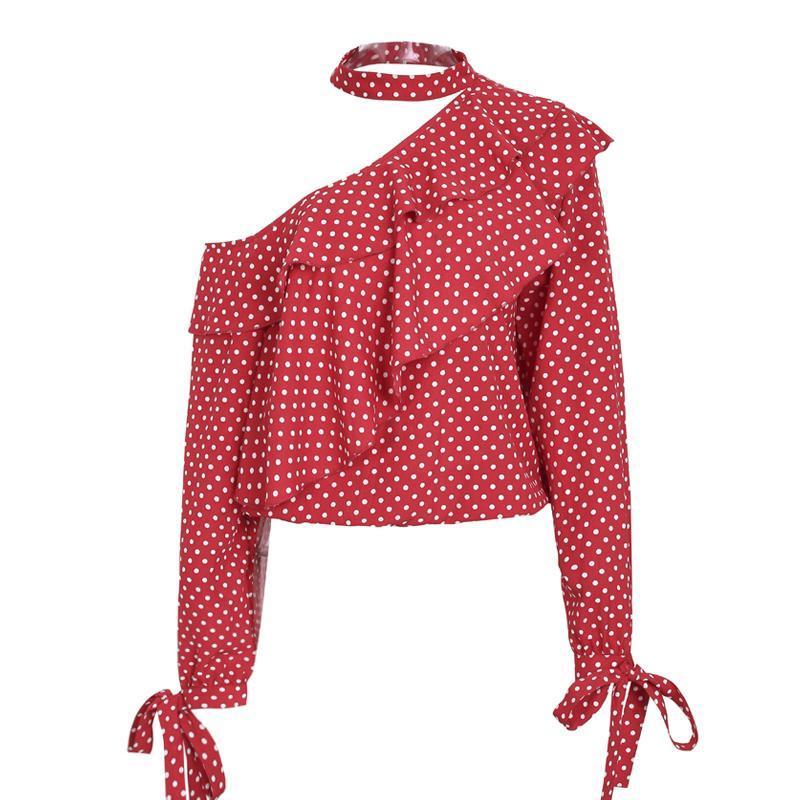 Sexy One Shoulder Polka Dot Lantern Sleeve Blouse Shirt