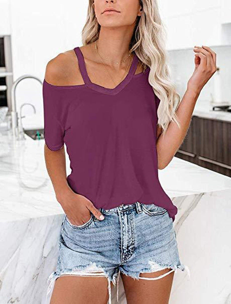 Women's Solid Color Strapless Short-sleeved Tops V-neck T-shirt