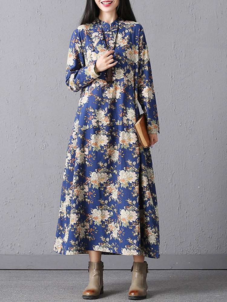 Casual Loose Floral Printed Stand Collar Women Dresses