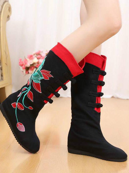 New autumn and winter beef tendon bottom national wind single boots embroidered inside increased women's boots in high boots cotton boots