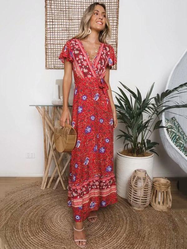 Boho Lace-up V-neck Printed Maxi Dresses