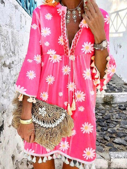 Summer New Style Printed Daisy Ruffled Fringed V-neck Dress