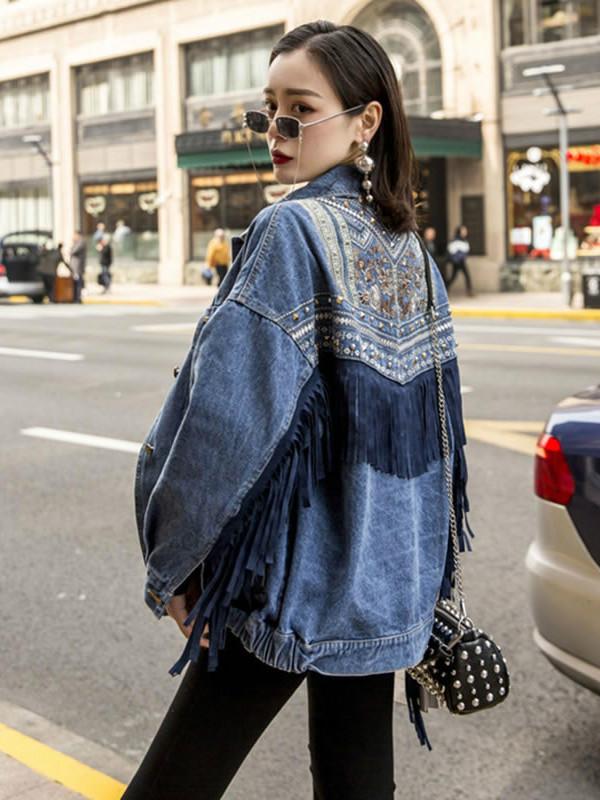 Embroidery Rivets Popular Denim Jacket Full Sleeve Tassel Women Clothes  New Casual Loose Fashion Cardigans