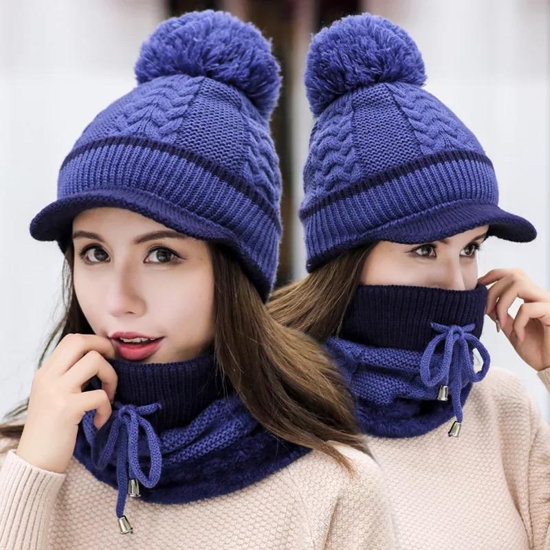 Winter Beanie Hat Scarf and Wind Proof Set 3 Pieces Thick Warm Knit Cap For Women