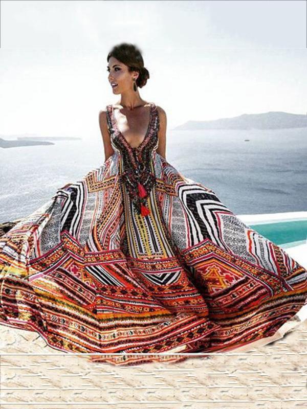 Bohemia Print V-neck Straps Maxi Dress