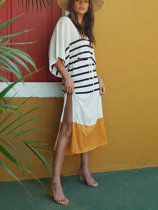 Striped Spring/Summer V-Neck Bat Sleeve Striped Dress