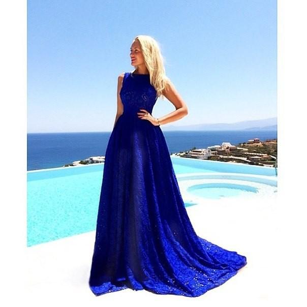 Blue Round Neck Sleeveless Evening Long Dress