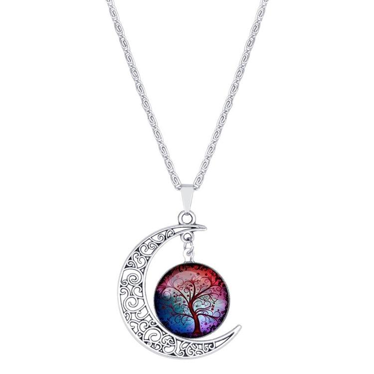 Colorful Hollow Tree of Life Necklaces Moon Pendant Necklace