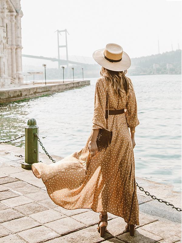 Pretty Bohemia Polka-dot Long Sleeve V Neck Maxi Dress