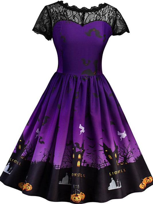 Women Short Sleeve Castle Pumpkin Halloween Lace Dress