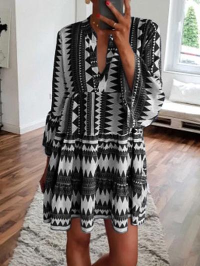 Lapel Long-sleeved Printed Lace-up Shirt Dress