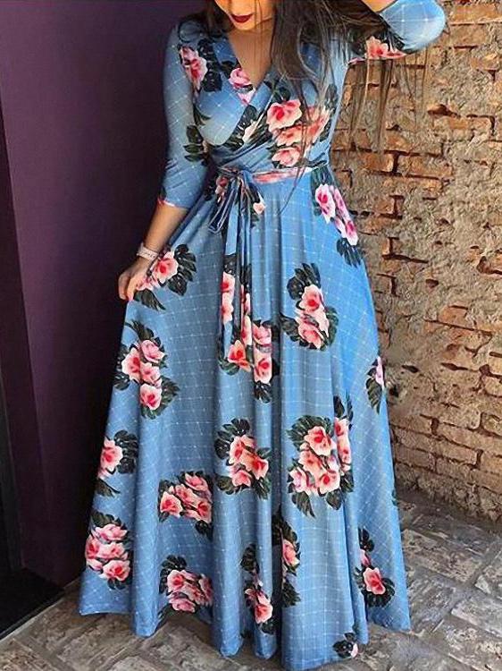 Long Sleeve Floral V Neck Slim Waist Maxi Dress with Belt