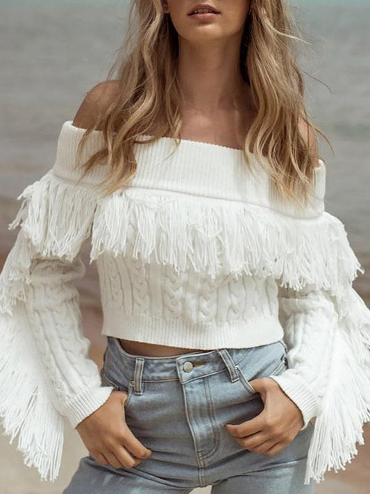 Tassel White Knitted Long Sleeve Sexy Pullover Short Sweater