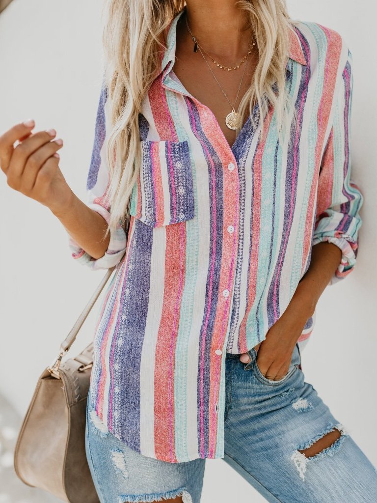 Fashion Colorful Striped Plus Size Long Sleeve Shirt