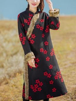 Chinese National Style Vintage Floral Long Woolen Outwear Coat