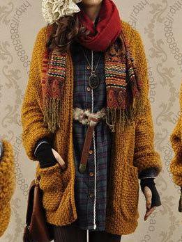 Casual Solid Color Knitted Long Cardigan