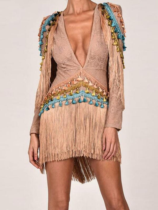 Hook Flower Hollow Tassel Deep V Long Sleeve Stitching Mini Dress