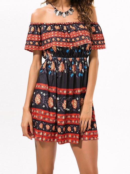 Off shoulder Tribal Floral Summer High Waist Beach Sexy Mini Dress