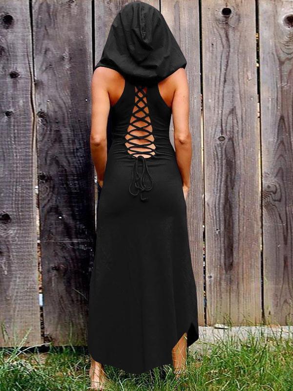 Halloween Hooded Sleeveless Round Neck Solid Color Retro Dress