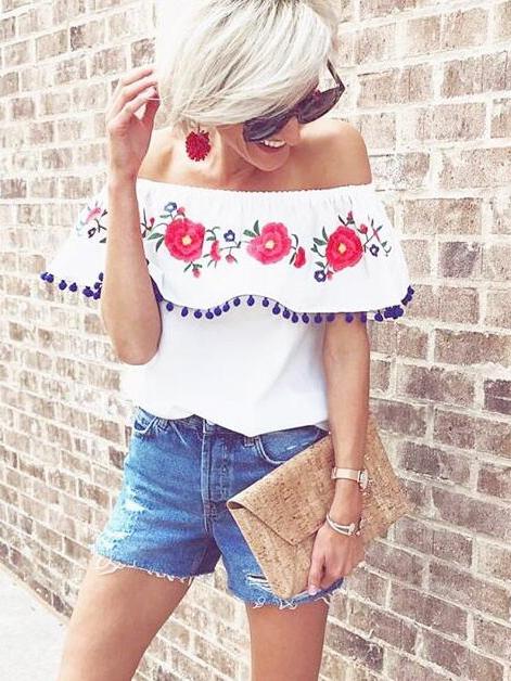 Pompom Off The Shoulder Ruffles Short Sleeve Loose Blouse Tops