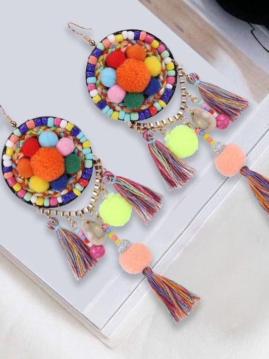 Ethnic Bohemia Dangle Pompom Shell Beads Silk Long Tassel Earrings