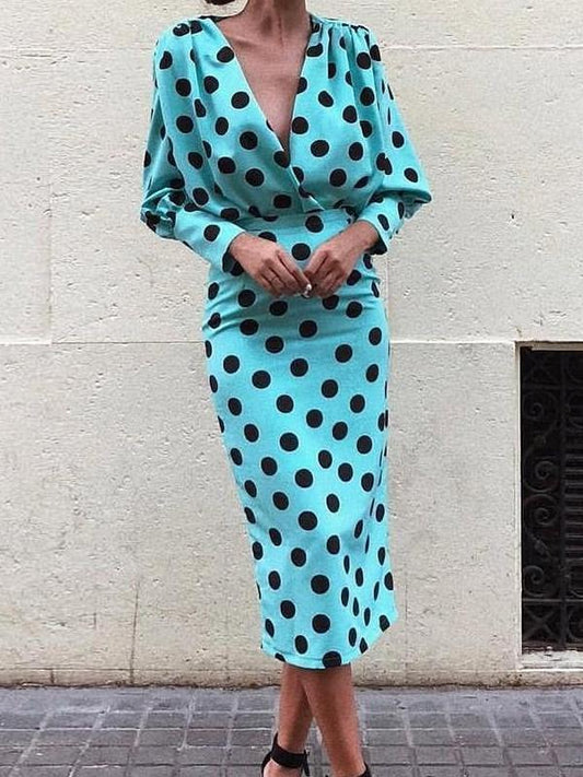 Sexy Deep V-neck Long Sleeve Polka Midi Dress