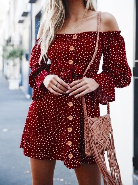 Off Shoulder Casual Sweet A-Line Polka Dots Women Mini Dress