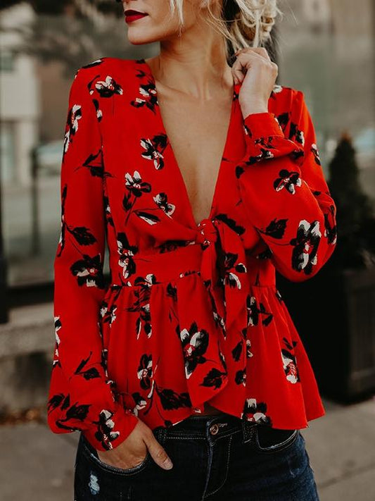 Floral Red Long Sleeve V-Neck Autumn Shirt Tops