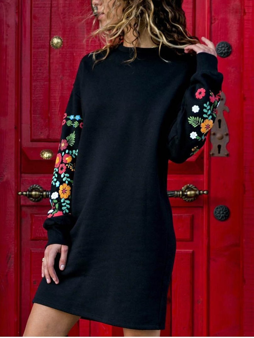 Round Neck Floral Long Sleeve Mini Dress