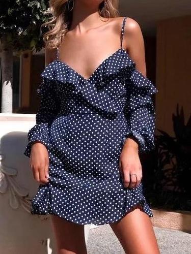 Sexy Deep V-neck Ruffled Sling Strapless Wave Print Dress