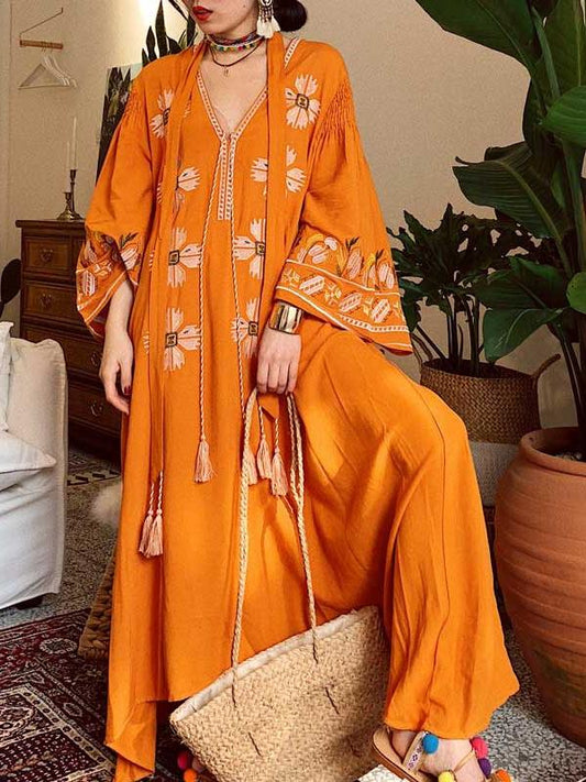 Boho Tassels Floral Embroidery V-neck Loose Long Dress