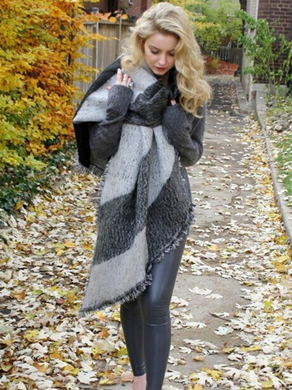 Autumn Raw Edge Beveled Design Thick Plaid Long Warm Scarf Shawl