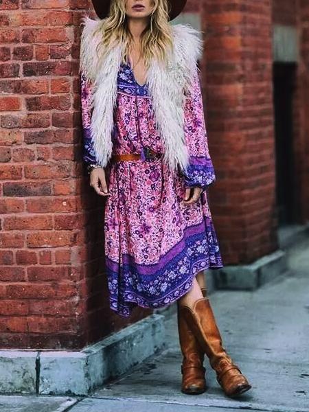 Boho Gypsy Floral Tassel V Neck Long Sleeve Bohemian Fashion Dress