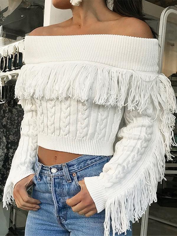 Tassel White Knitted Long Sleeve Sexy Pullover Short Sweater