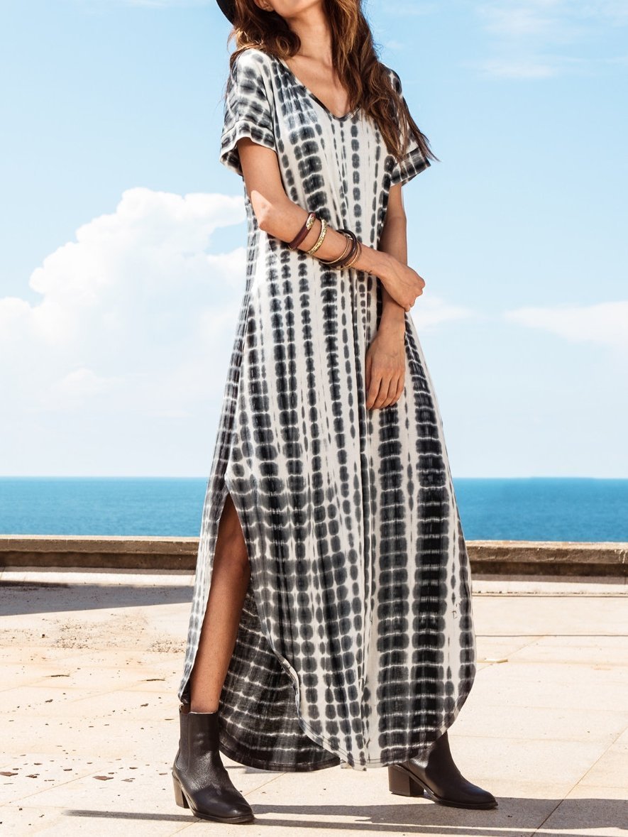 Summer Printed V-Neck Short Sleeve Beach Long Dress