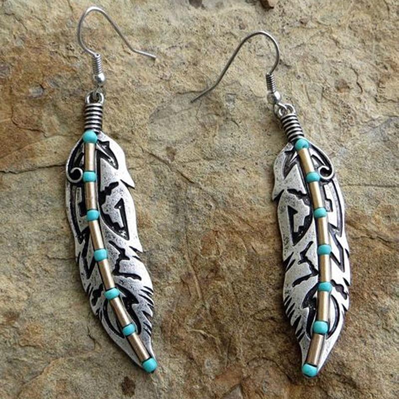 Vintage Green Beaded Feather Shape Long Drop Earrings For Women