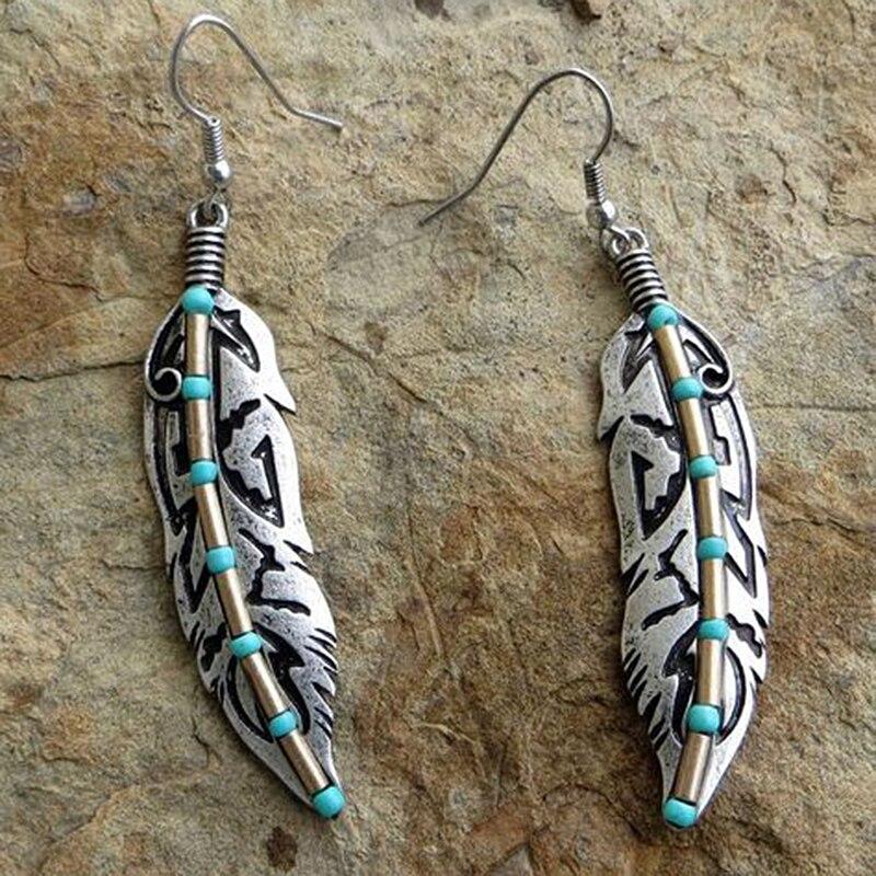 Vintage Green Beaded Feather Shape Long Drop Earrings For Women