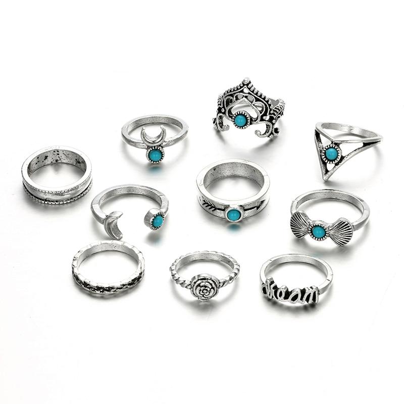 10pcs/Set Vintage Flower Moon Crown Letter Finger Knuckle Rings