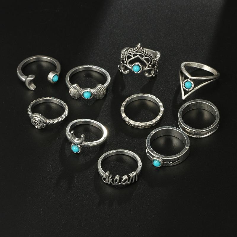 10pcs/Set Vintage Flower Moon Crown Letter Finger Knuckle Rings