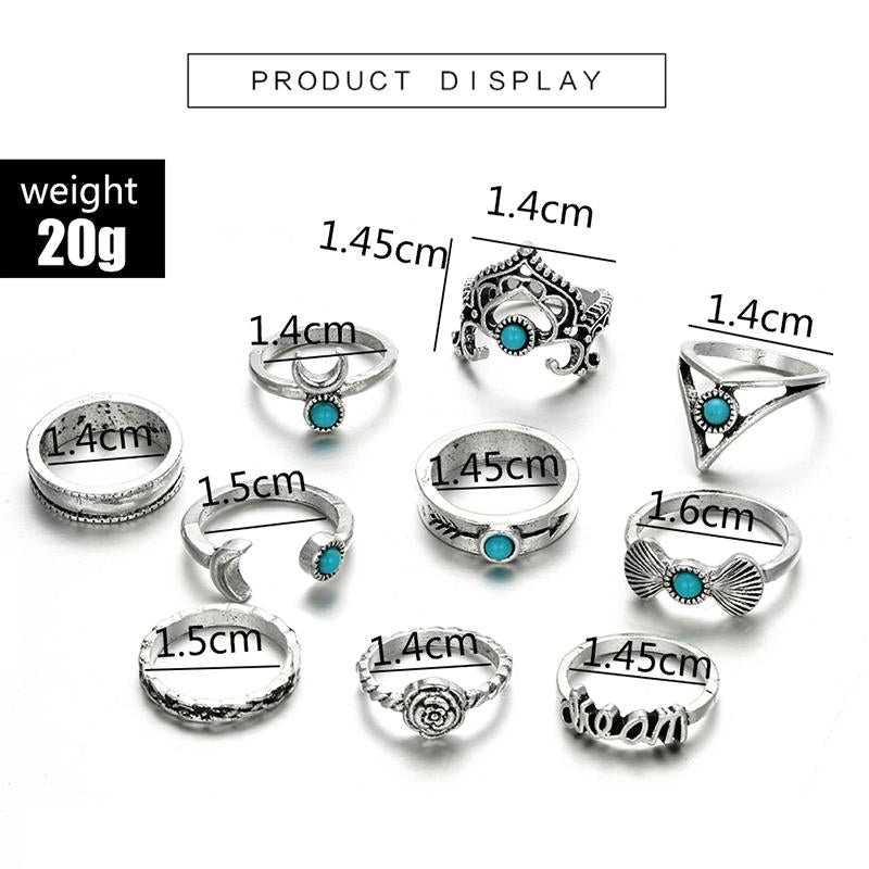 10pcs/Set Vintage Flower Moon Crown Letter Finger Knuckle Rings