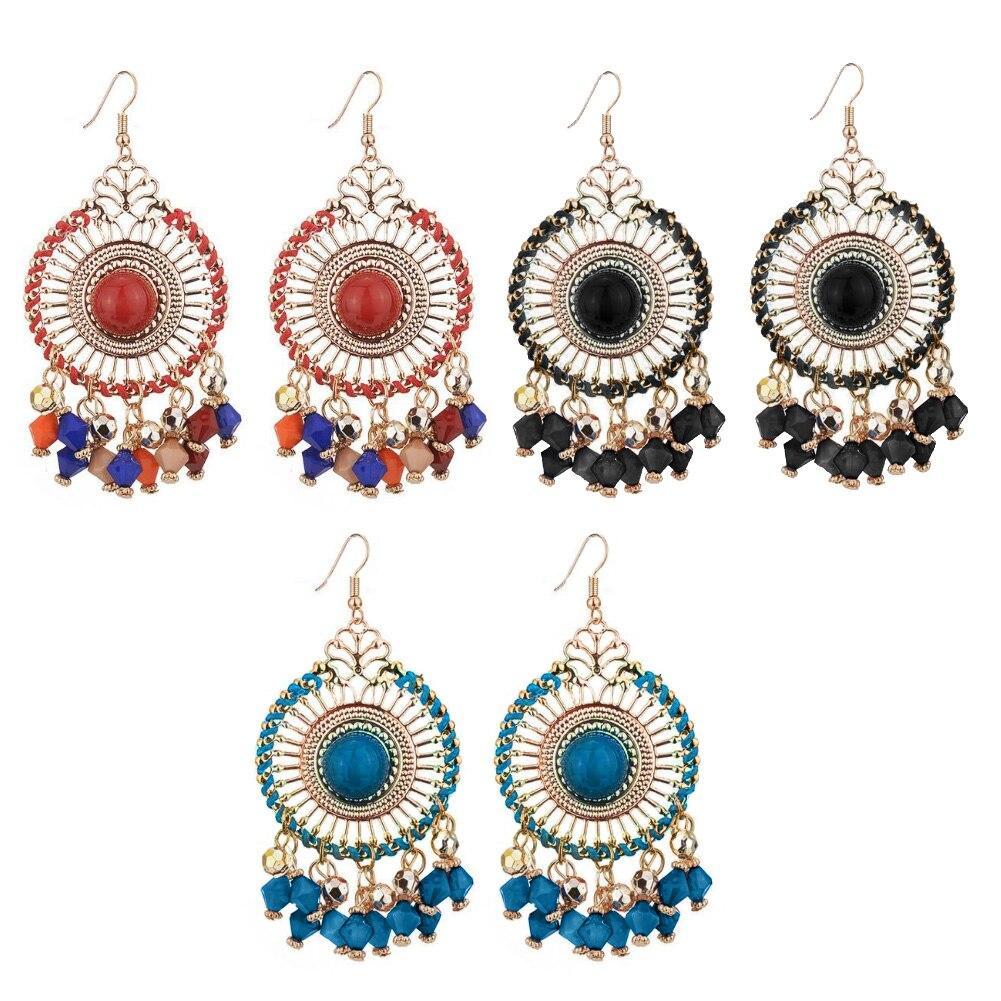 Woman Bohemia Woven Hollow Disc Beads Pendant  Earrings