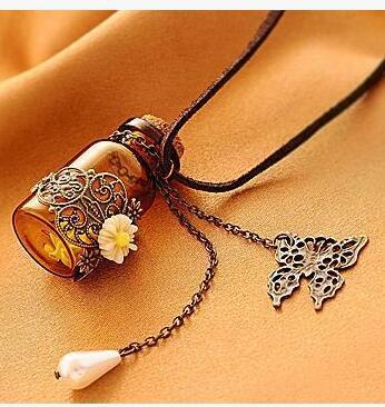 Long Leather String Of Carve Designs On Woodwork Cork Wish Bottle Necklace