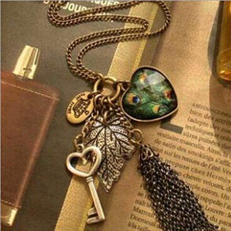 High Quality Retro Peacock Feather key Necklace