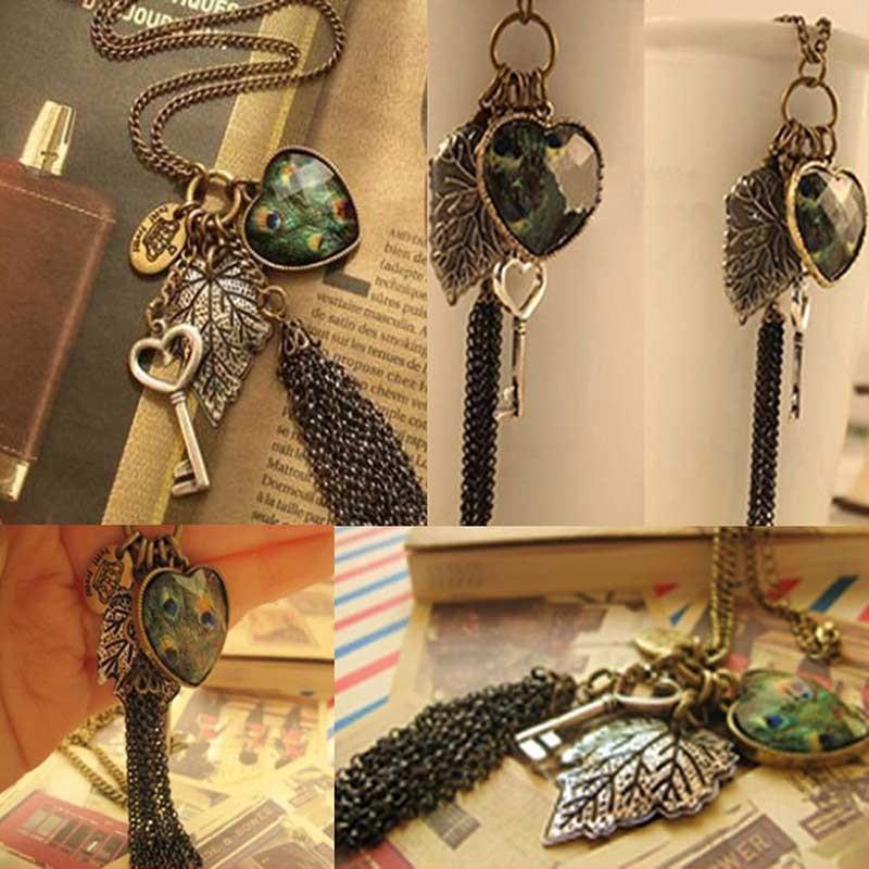 High Quality Retro Peacock Feather key Necklace