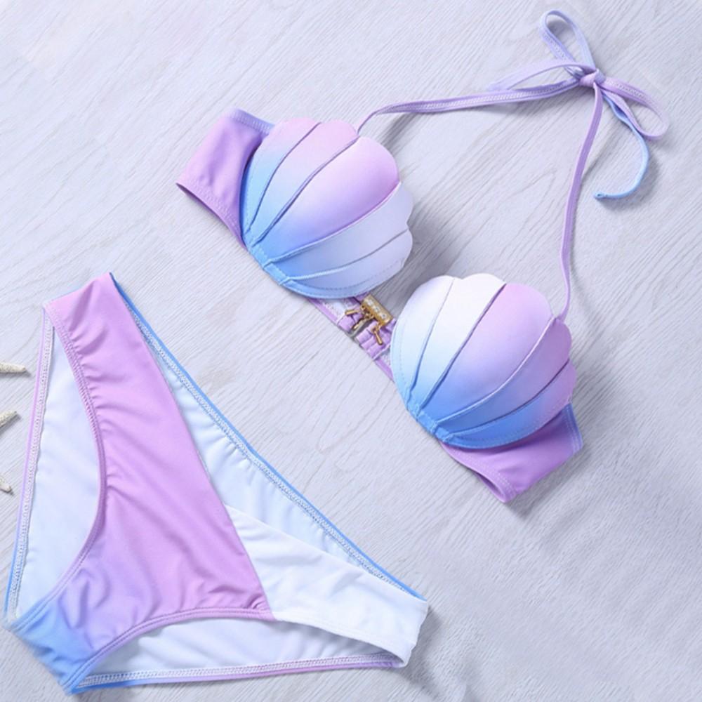 Mermaid Shell Bra Push Up Two-Piece Suit Swimwear Gradient Color Beachwear Sexy Bikinis Set Swimsuit