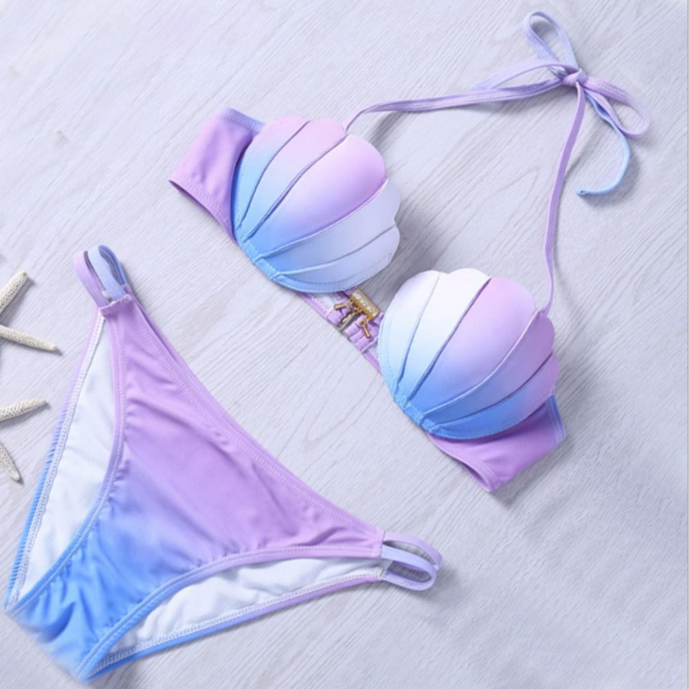 Mermaid Shell Bra Push Up Two-Piece Suit Swimwear Gradient Color Beachwear Sexy Bikinis Set Swimsuit