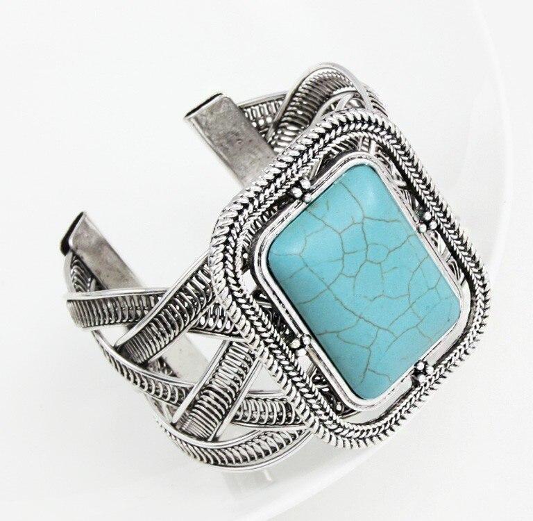 Vintage Blue Stone Turquoise Square Cuff Bangle Open Bracelets