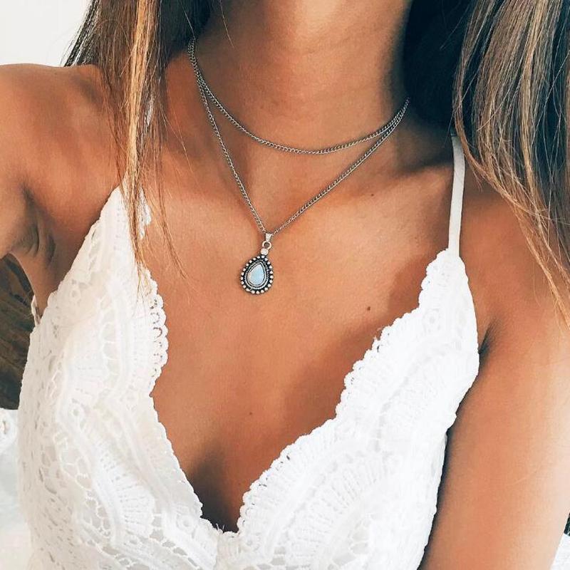 Bohemian Water Drop Crystal Charm Chokers Necklaces Women Silver Alloy Chain Jewelry